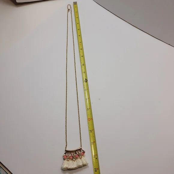 Vintage Gold Tone Long Necklace 4 Tassels Topped with Pink and Clear Beads - Picture 3 of 6